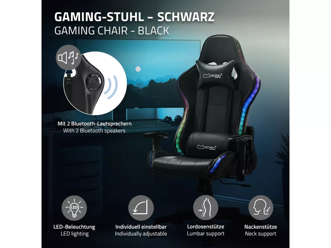 Chaise de jeu ergonomique avec LEDs fauteuil de bureau noir avec bluetooth boxes