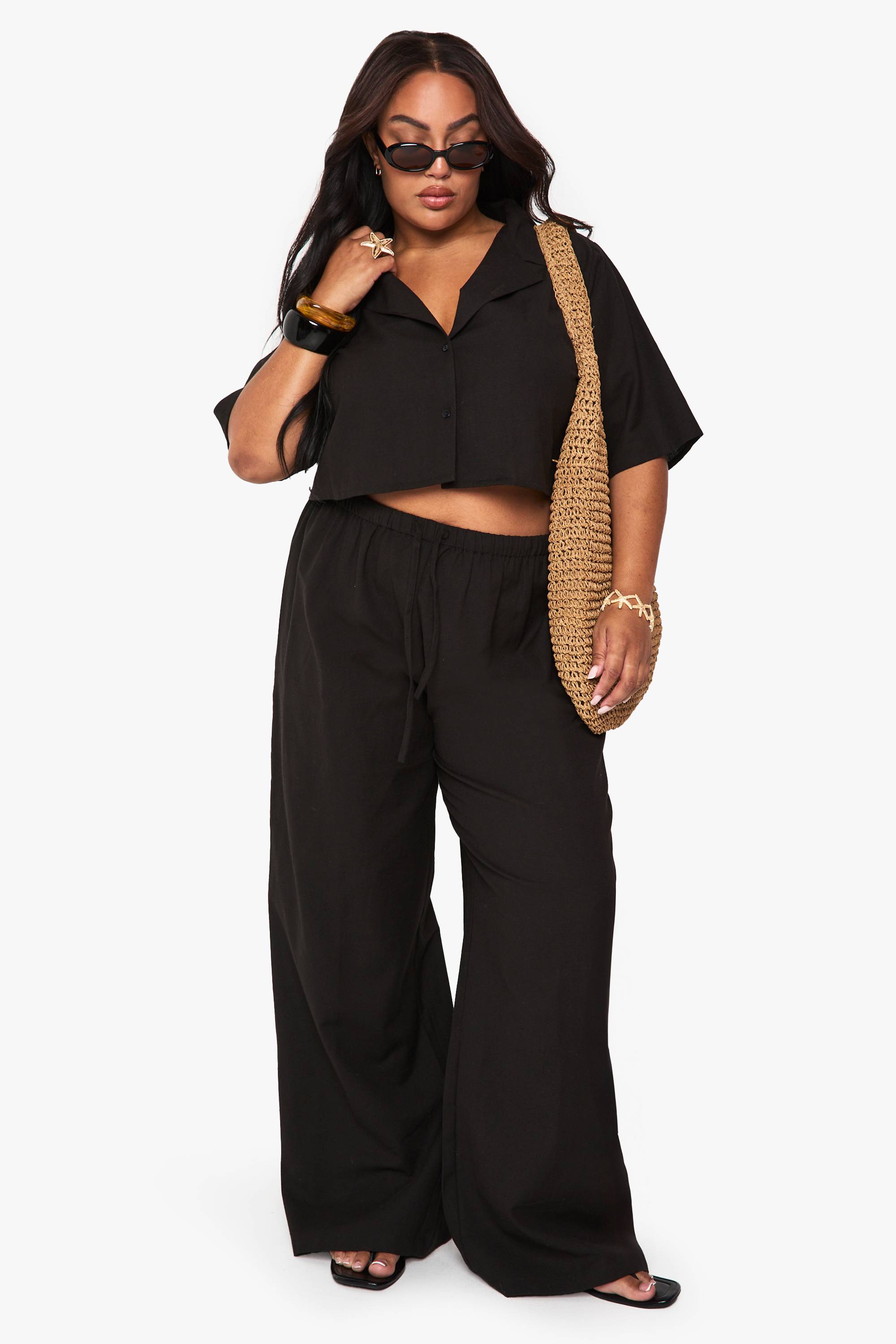 boohoo Ensemble coordonné grande taille en lin : Chemise crop longue et pantalon
