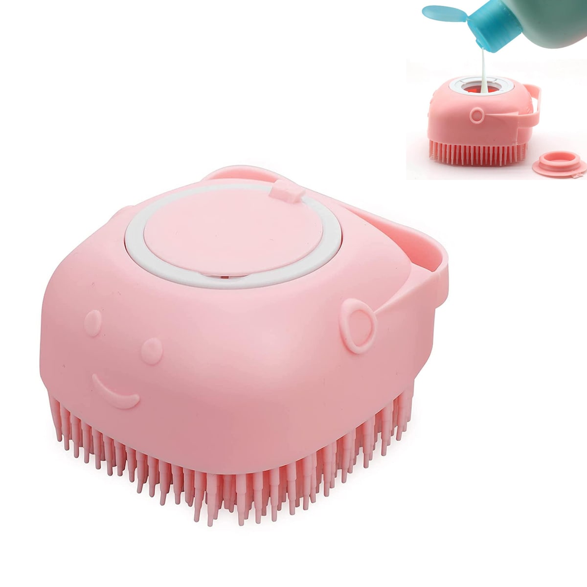 Badebørste til hund, rosa - med sjampodispenser