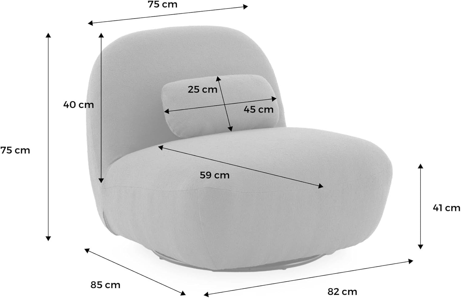 sweeek - 360°-Drehsessel mit Strukturiertem Bouclé-Bezug, mattschwarzem Metallfuß und Kissen - Spino
