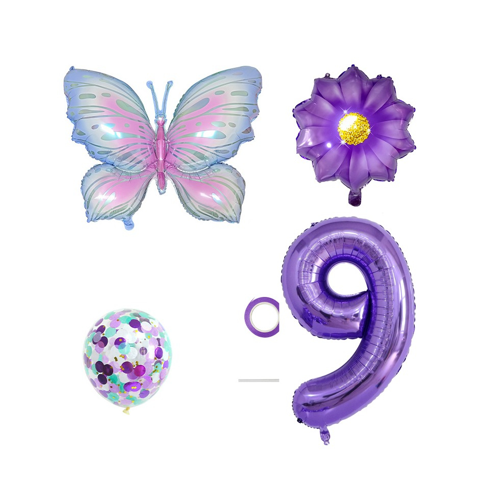 (7-tlg. Set) Zahlen Ballon Kinder Geburtstags Party Folienballon inkl. Latex Luftballons - Zahl 9 / Schmetterling