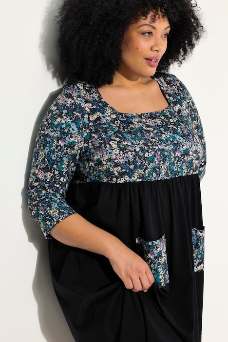 Jersey-Maxikleid, Blüten, Carree-Ausschnitt, 3/4-Arm