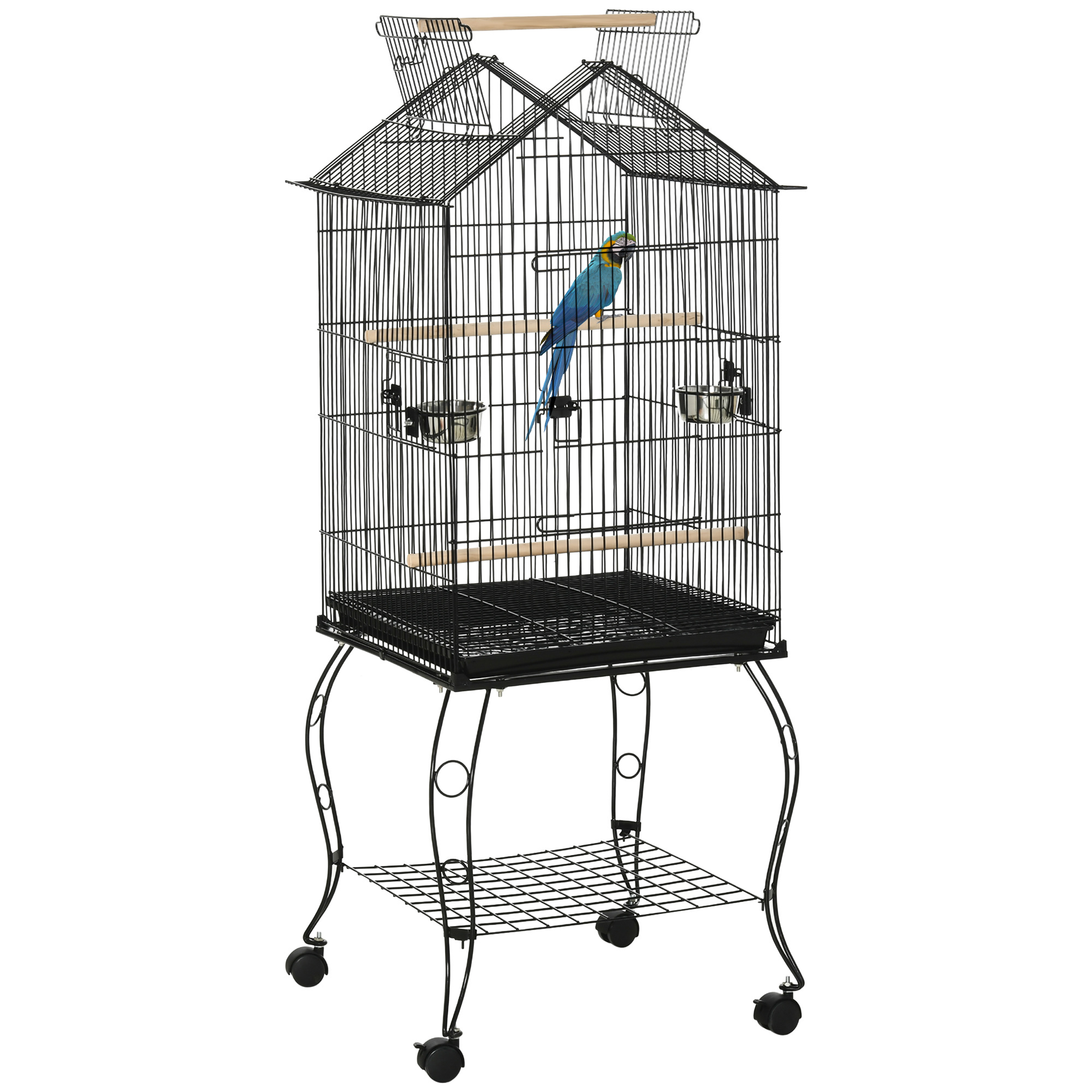 Gaiola para pássaros PawHut, 50x58x145 cm, em metal, com 3 portas, 2 comedouros, 3 poleiros, bandeja removível, prateleira aberta e 4 rodas, ideal para canários e periquitos, na cor preta.