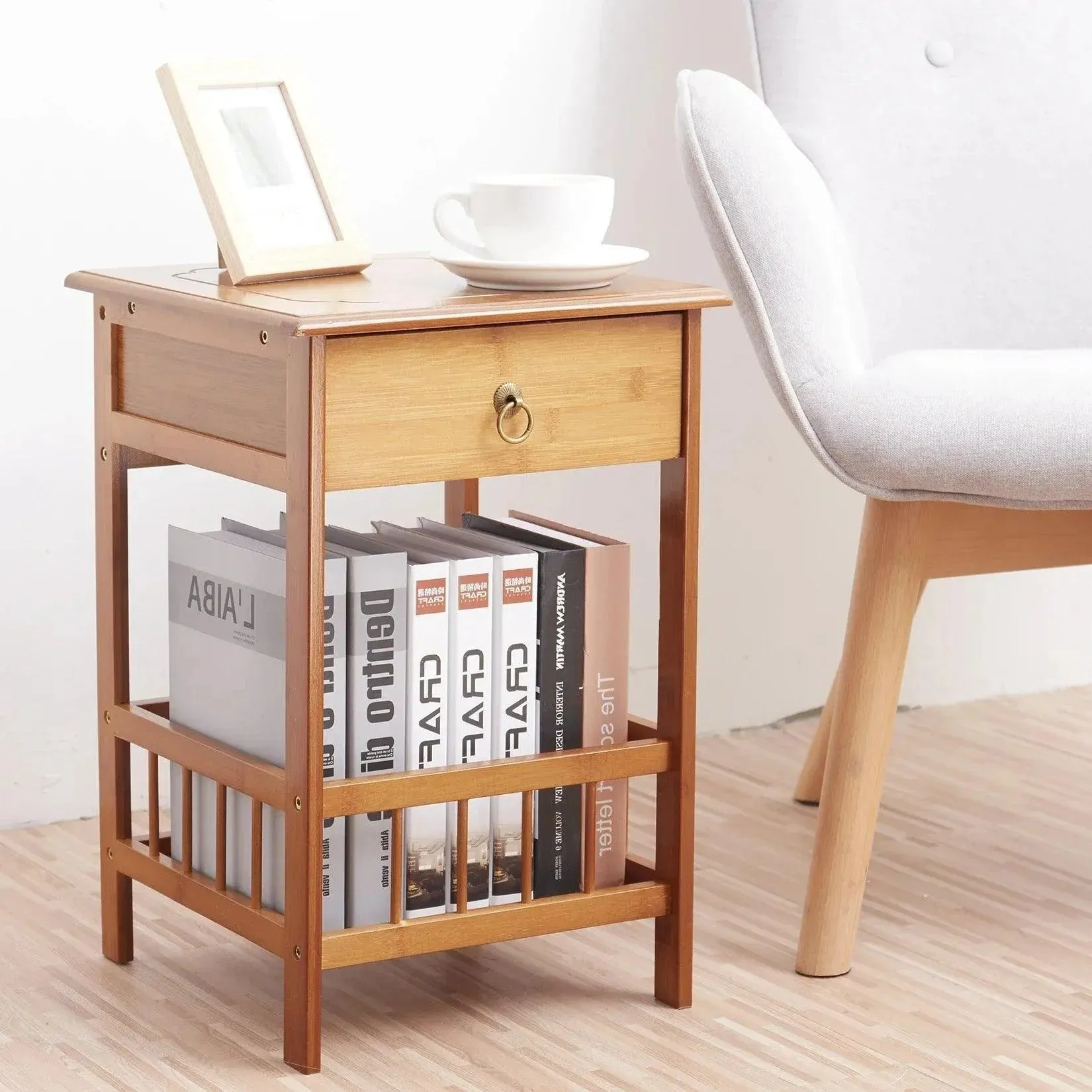 Wood Bamboo Side Table with Drawer | Modern Storage Nightstand Furniture for Living room Bedroom