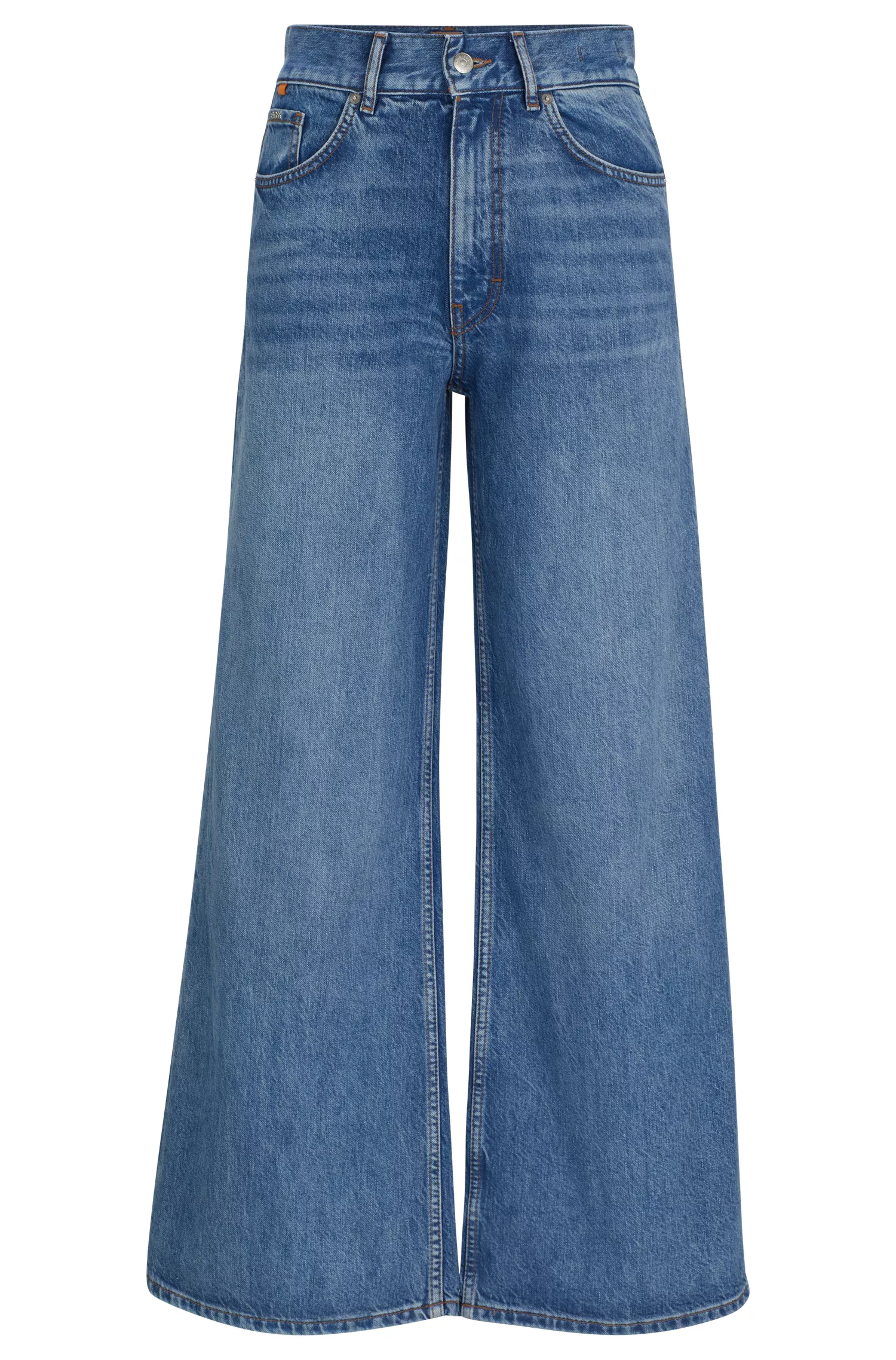 Calça jeans BOSS preta de cintura alta e pernas largas em denim azul.