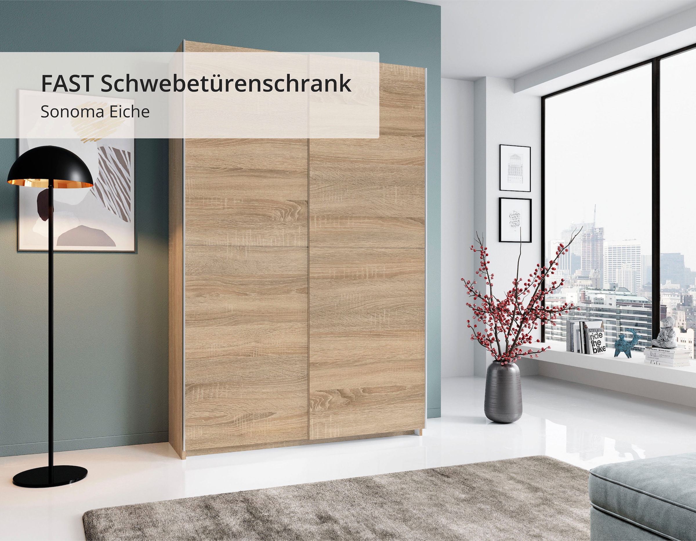 Schlafkontor Schwebetürenschrank »Heimo/Fast Schrank Kleiderschrank Garderobe OTTO´s CHOICE« geringe Tiefe, ausziehbarer Kleiderstange, Garderobenschrank, 6 Böden
