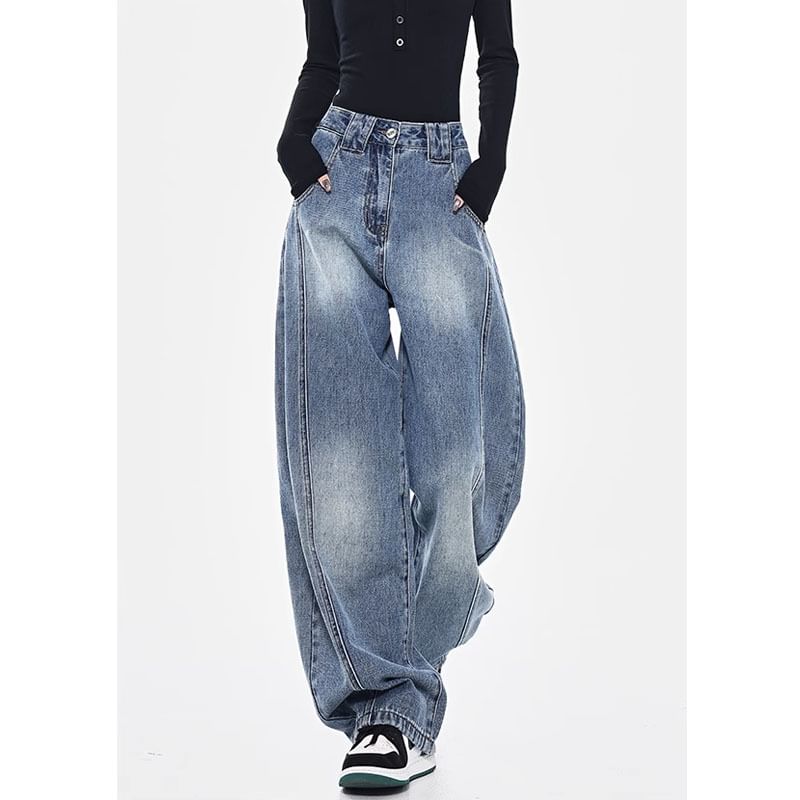 Klevy - Mid Waist Washed Baggy Jeans