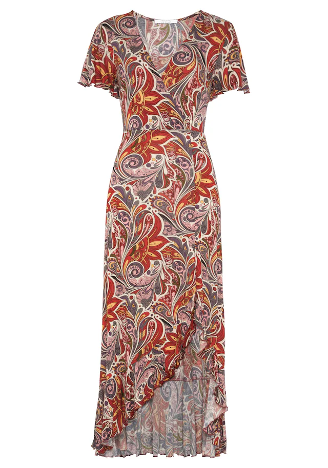 LASCANA Maxikleid mit Paisleydruck, Schlitz und Volant, Flügelärmel, Druckkleid