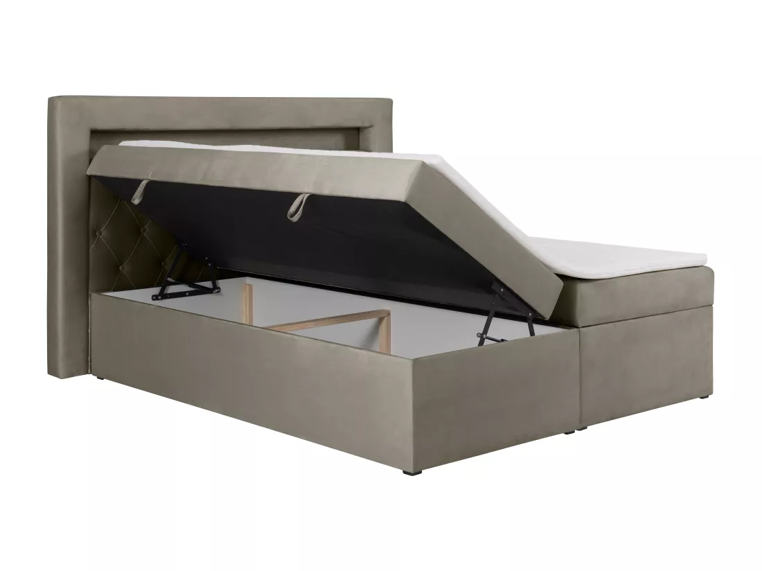 Ensemble complet literie déco tête de lit avec led + sommiers coffre + matelas + surmatelas - 180 x 200 cm - Velours - Taupe - ORANA de YSMÉE