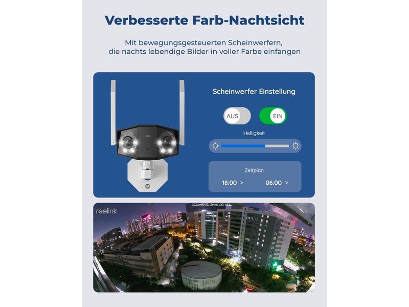 Reolink Netzwerkkamera Duo W730 180° 4K Wifi Kamera   64 GB Smarte wetterfeste 4K WLAN Dual-Kamera mit 180° Ultra-Weitwinkel, Spotlights, Personen-/Autoerkennung, farbige Nachtsicht, 2.4/5 GHz Dualband-WLAN für optimalen Empfang bis zu 50 m im Freien