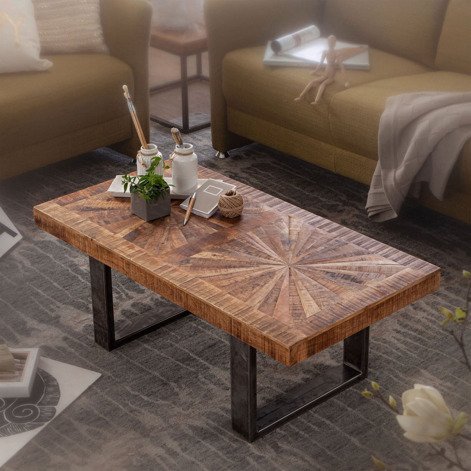CASAVANTI Couchtisch 105 x 55 cm Grau/ Mango massiv