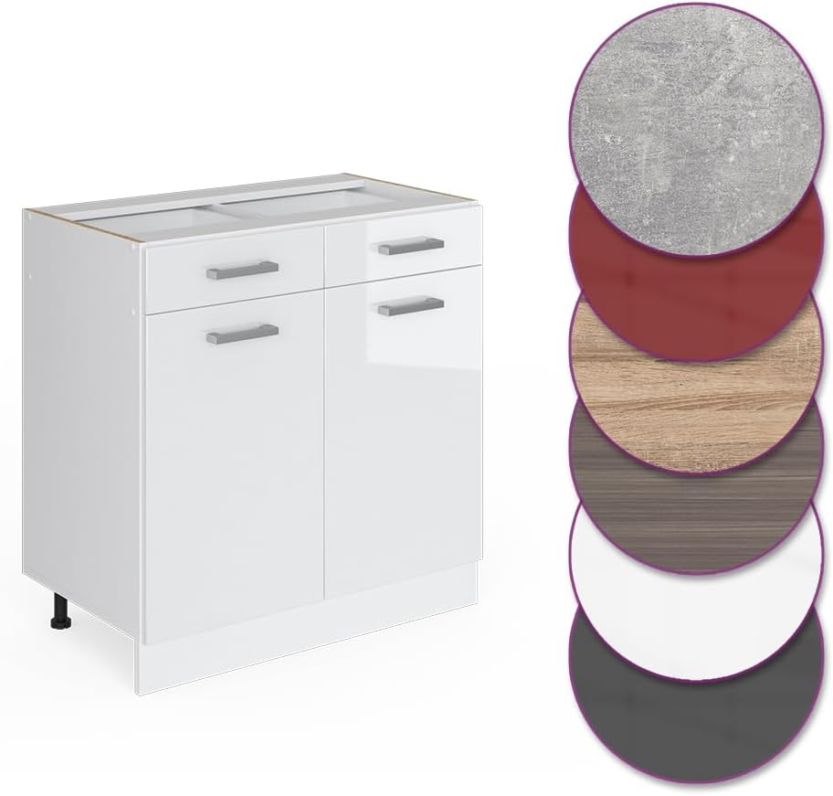 Vicco Küchenunterschrank R-Line, Weiß Hochglanz/Weiß, 80 cm ohne Arbeitsplatte