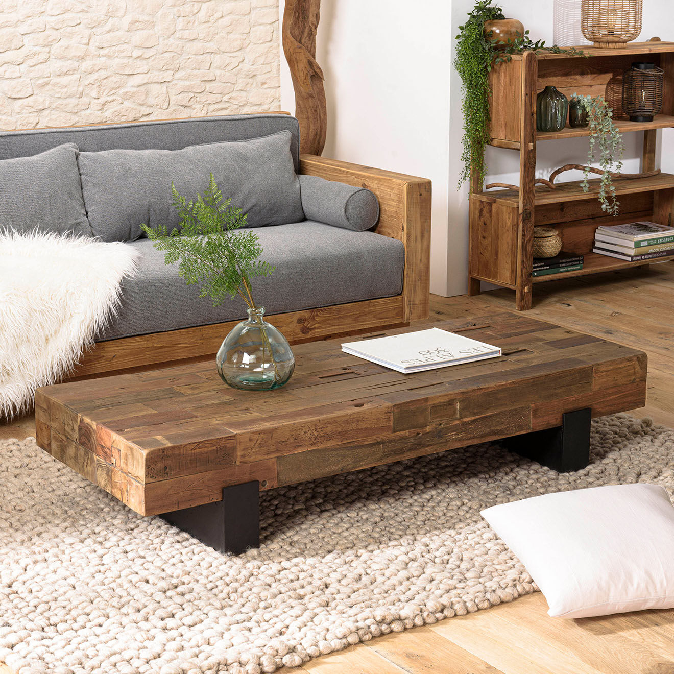 Macabane Table basse poutres bois massif Leonce bois - 160.5x63.5x30.5 cm