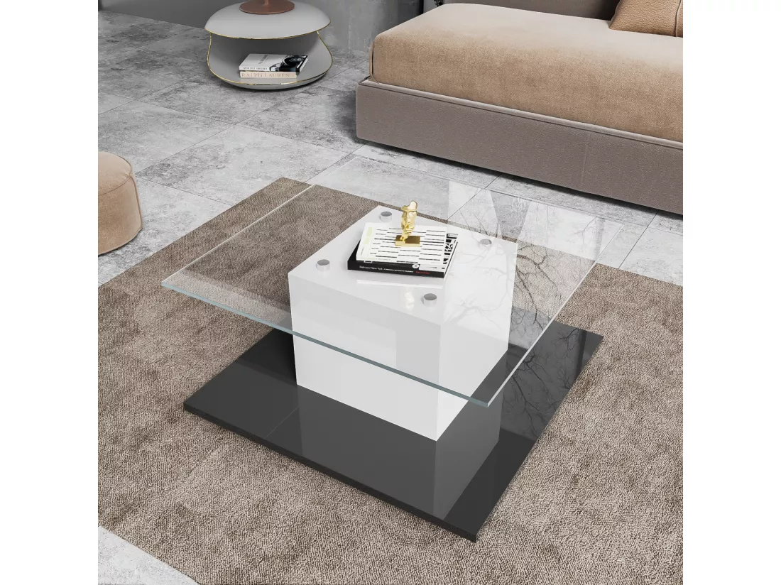 Table basse carré pivotante - avec LED réglables et roulettes frein - verre et panneau de particule - Blanc et Noir - 80x80x40cm
