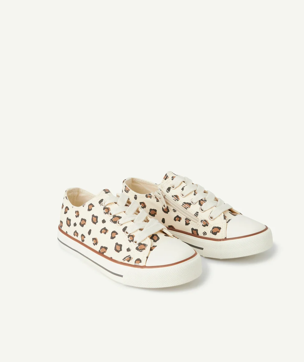 baskets en toile fille écru avec imprimé léopard à lacets et zip