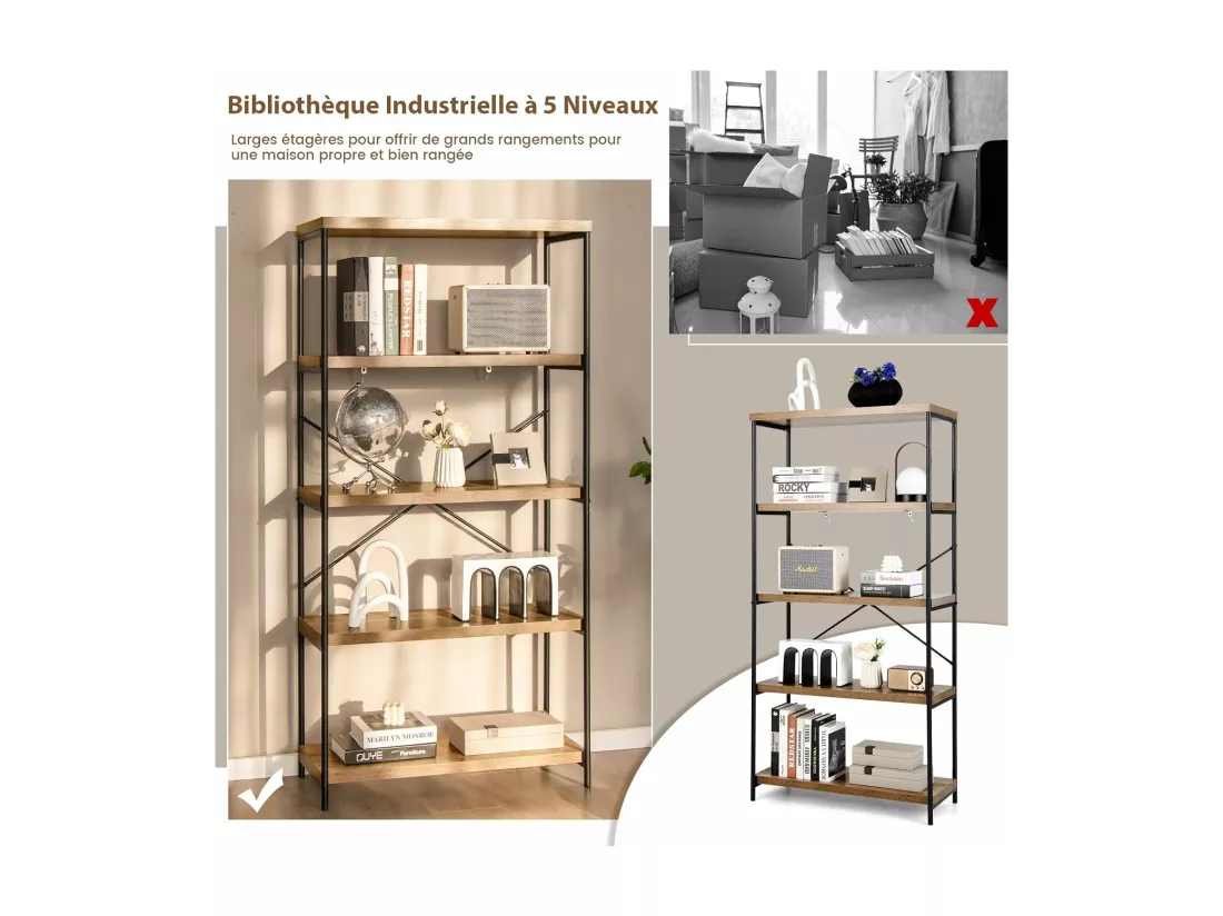 Bibliothèque Étagère à 5 Niveaux, Bibliothèque Industrielle en Bois avec Cadre en Métal, Dispositif Anti-Basculement (Marron)