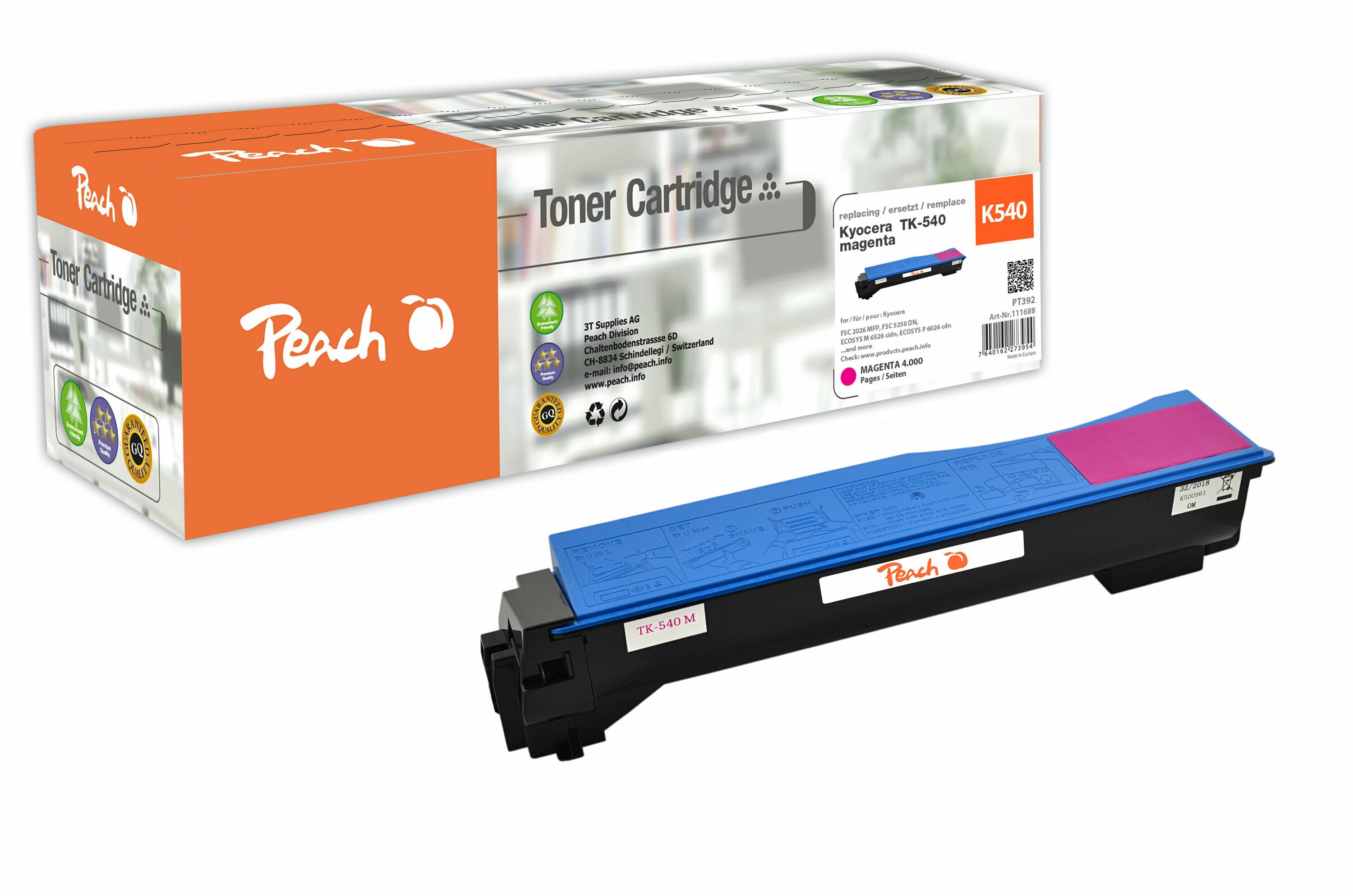 Peach K540 M Toner ma ersetzt Kyocera TK-540M für z.B. Kyocera FSC 5100 DN (wiederaufbereitet)