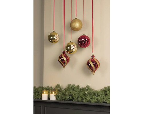 Verpakking van 6 plastic kerstballen, rood en goud