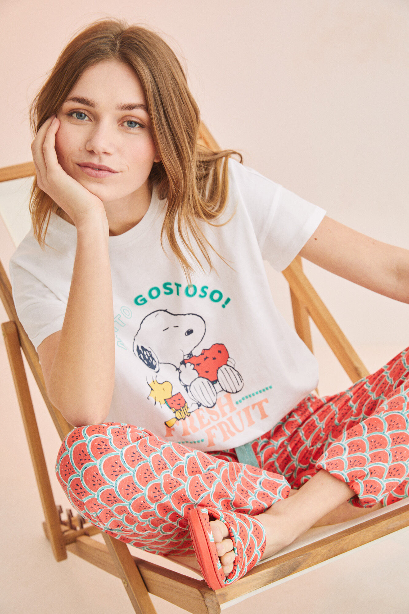 Pijama do Snoopy, 100% algodão, estampa de melancia - bege