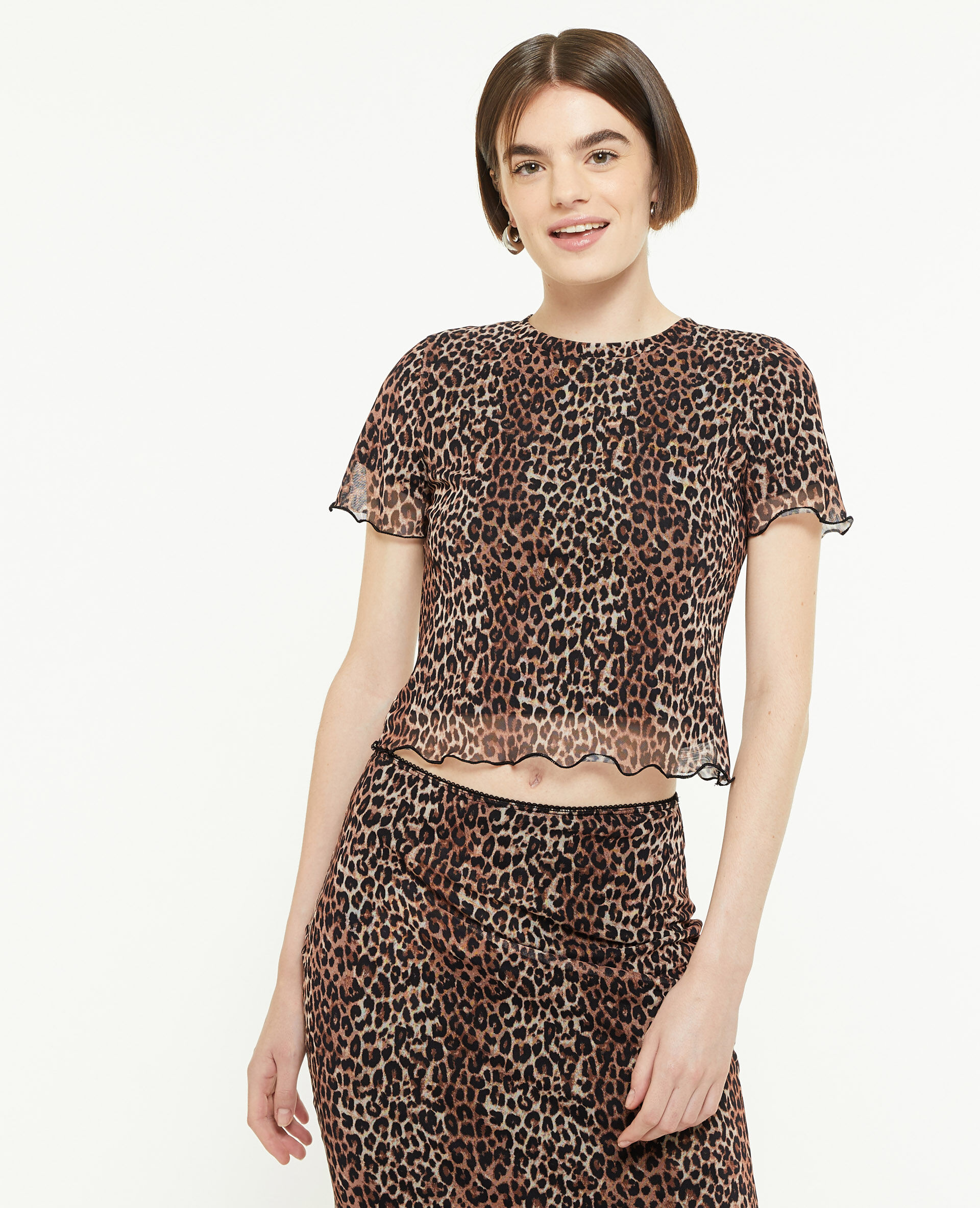 Top court en tulle motif léopard - Beige