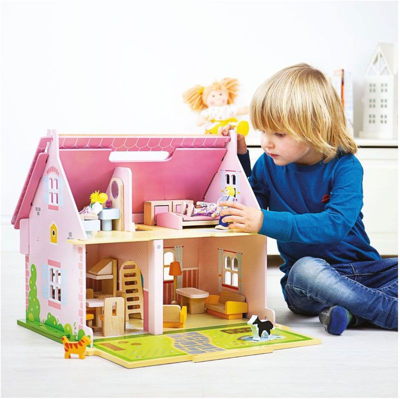 Bigjigs - Houten Villa - Poppenhuis - Duurzaam Hout - Inclusief Kinderpoppetjes
