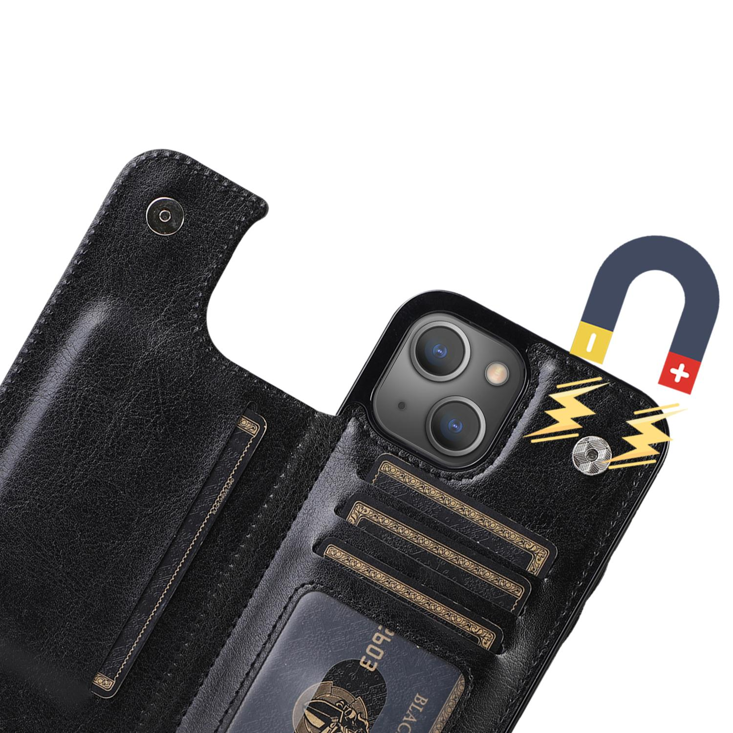 iPhone 14 Hybrid Leder Hülle mit Kartenfach   Kickstand Aufsteller - Schwarz