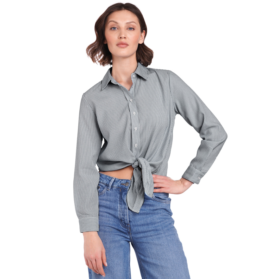 Gina Damen Hemdbluse mit Knoten-Detail dunkelgrau / weiss