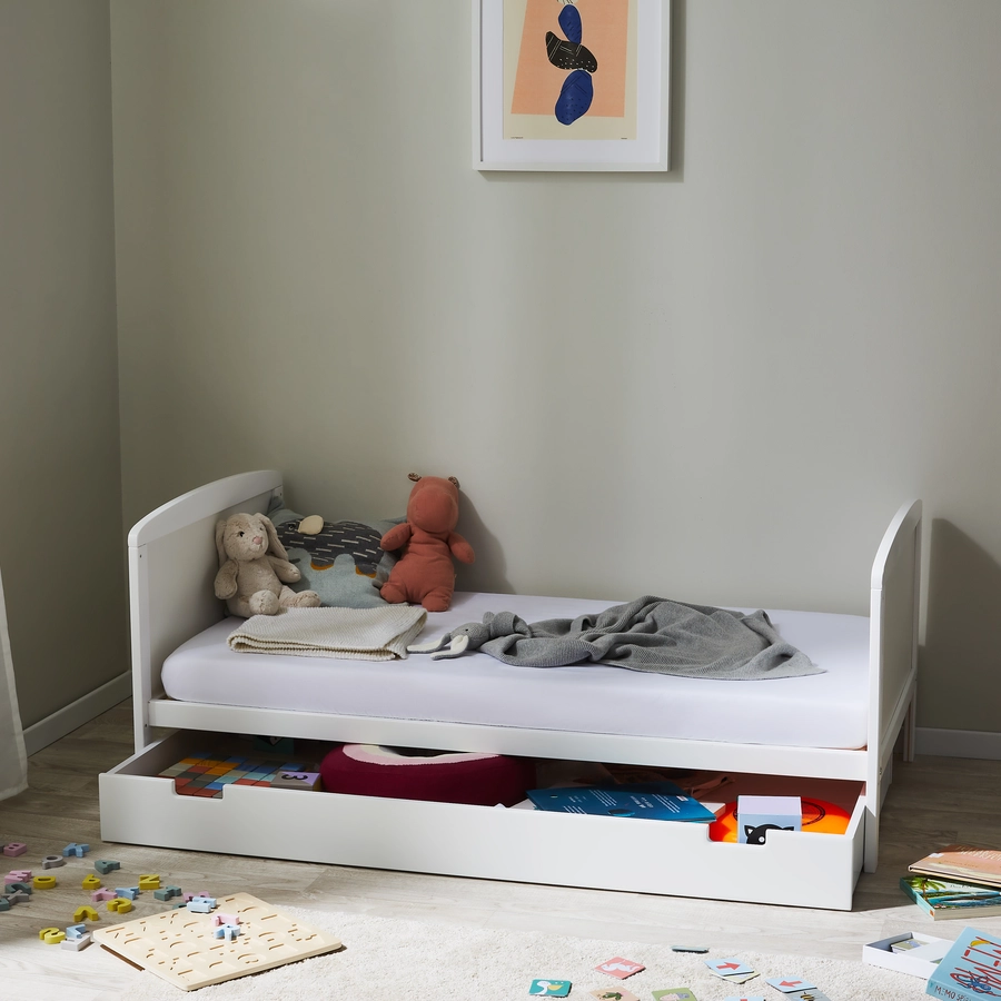 Kids Collective Babybett 70x140 Umbaubares Gitterbett höhenverstellbar & herausnehmbare Sprossen weiß mit Schublade