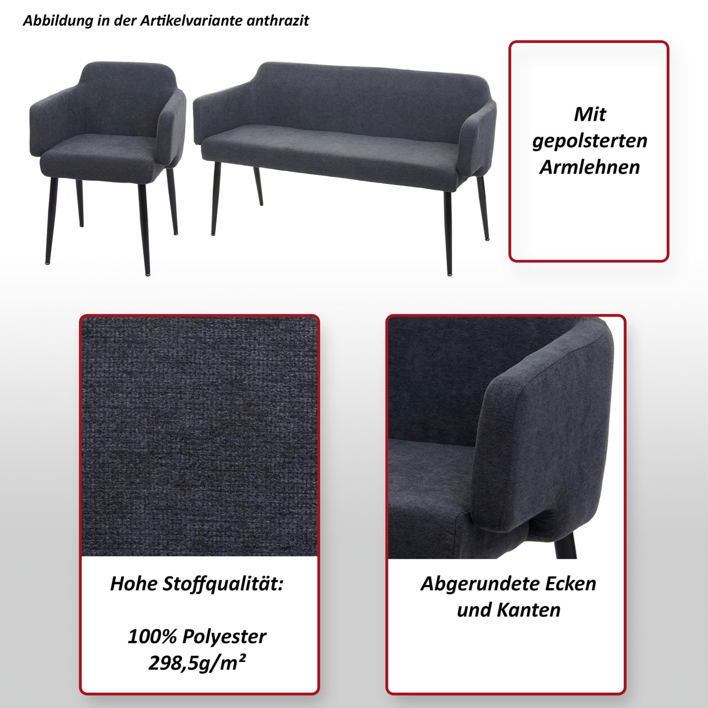 Esszimmer-Set MCW-L13, 2er-Set Stuhl+Sitzbank Esszimmergruppe Sitzgruppe Esszimmergarnitur, Stoff/Textil ~ creme-weiß
