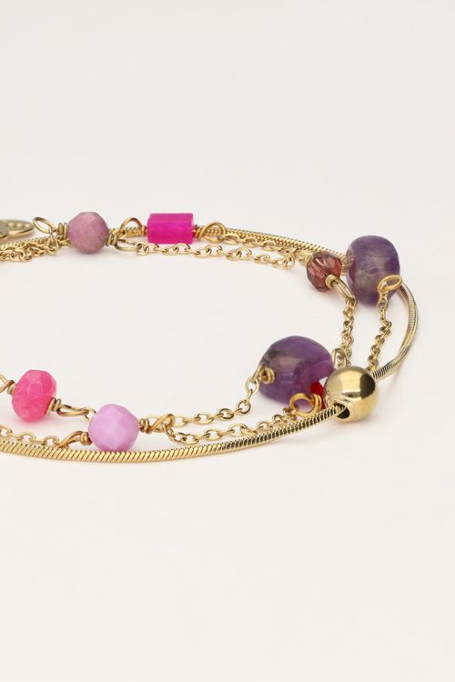 Driedubbele armband met roze en paarse kraaltjes