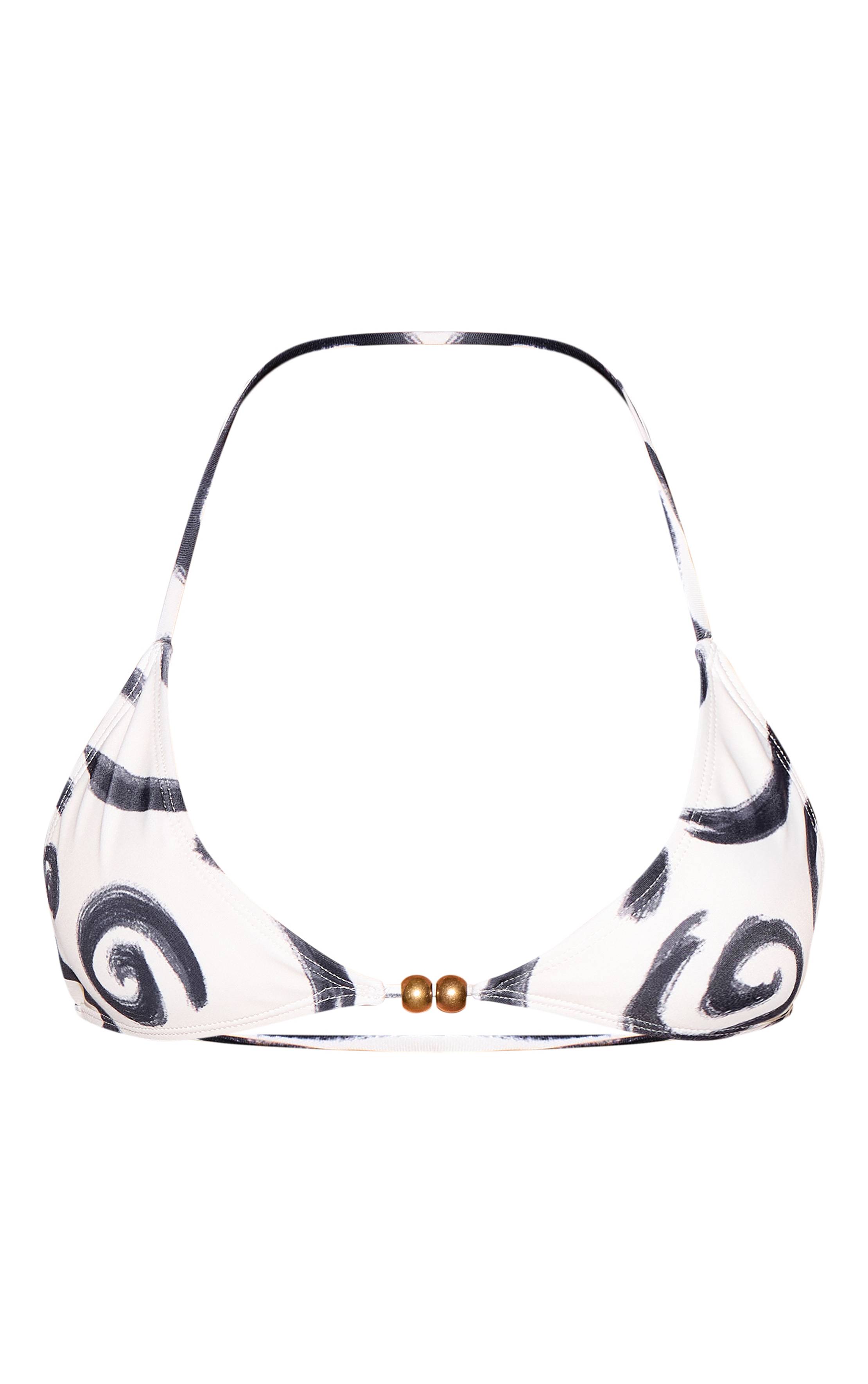 Monochrome Haut De Bikini Triangle À Imprimé Tourbillon Avec Détail De Perles