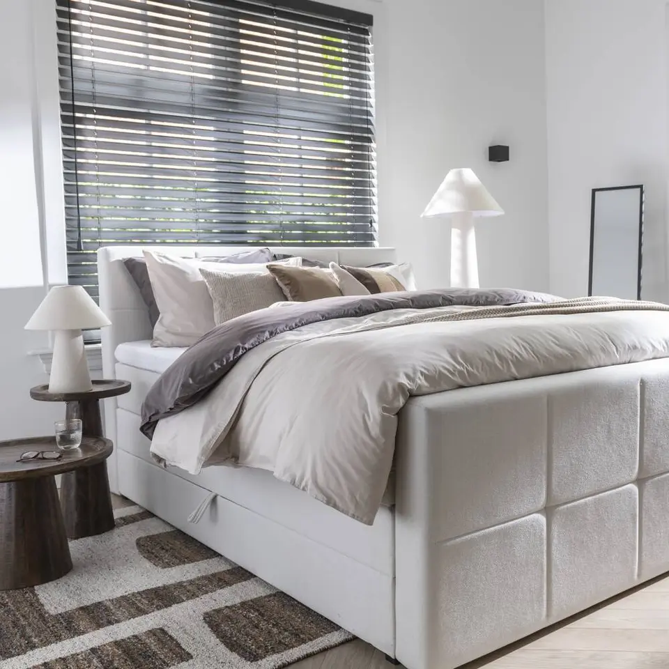 Boxspring met opbergruimte en voetbord Liv geblokt - ecru - 160x200cm