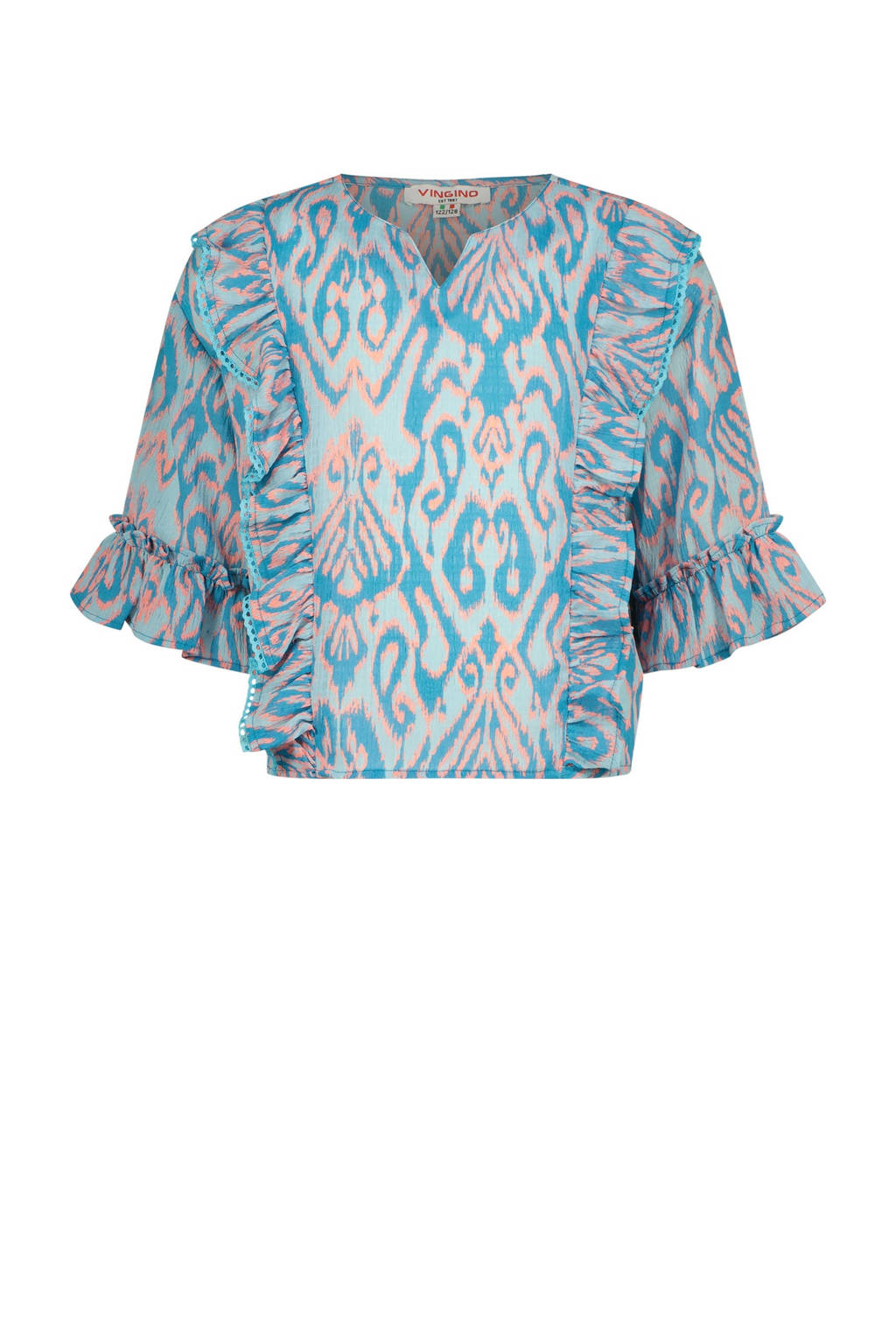 Vingino T-shirt met all over print en ruches lichtblauw/roze