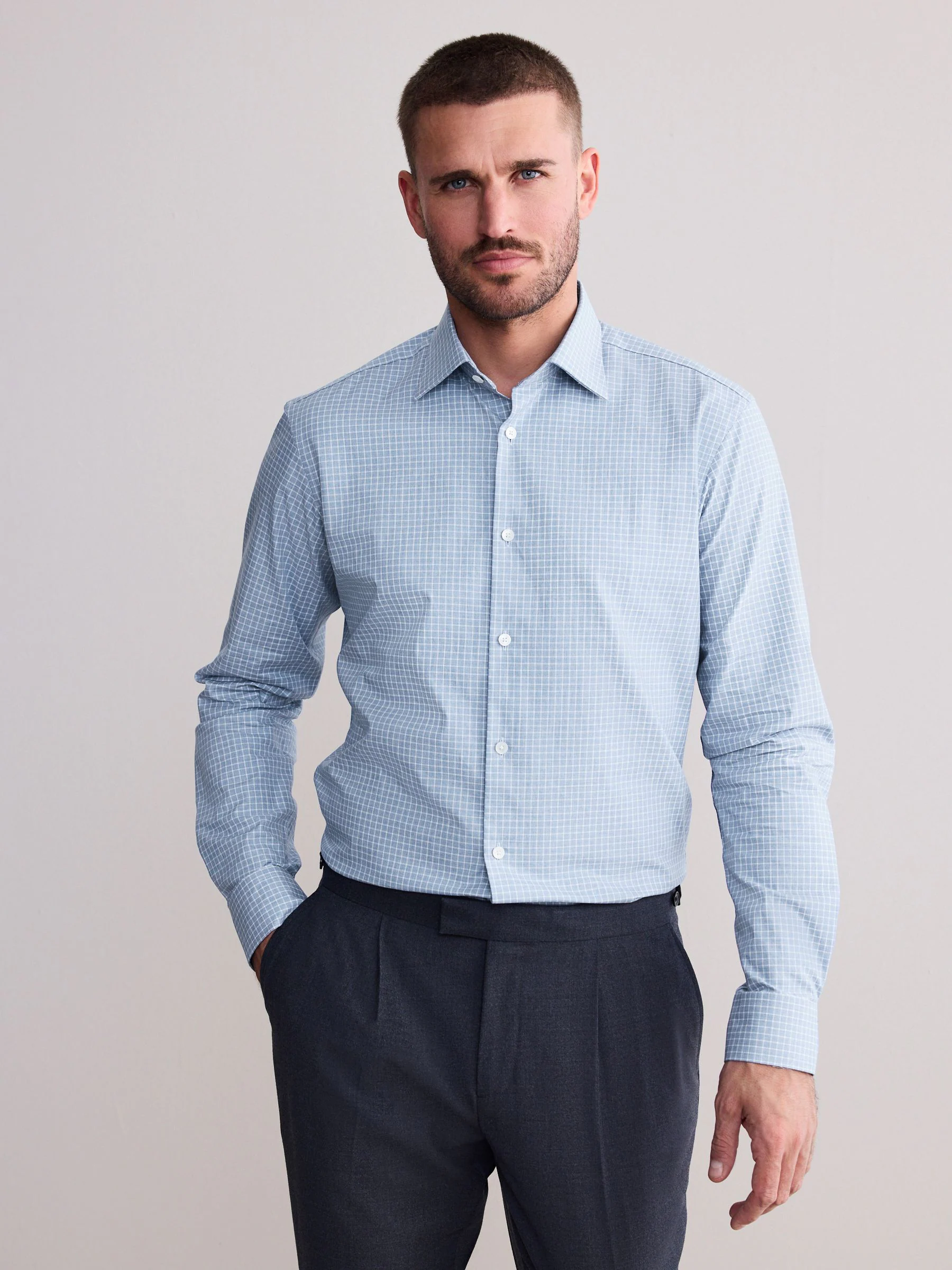 Blauw met rastermotief - Signature premium overhemd met textuur