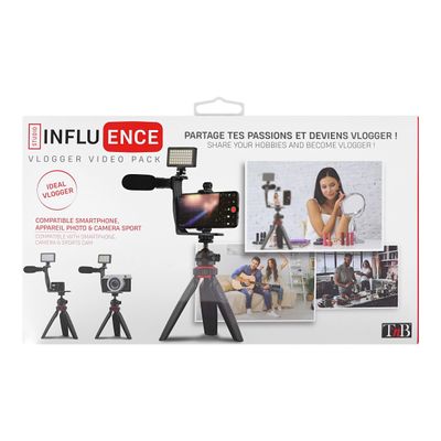 T'nB Influence - Pack Vlogger vidéo avec mini-trépied, support smartphone, micro, projecteur LED et télécommande Bluetooth