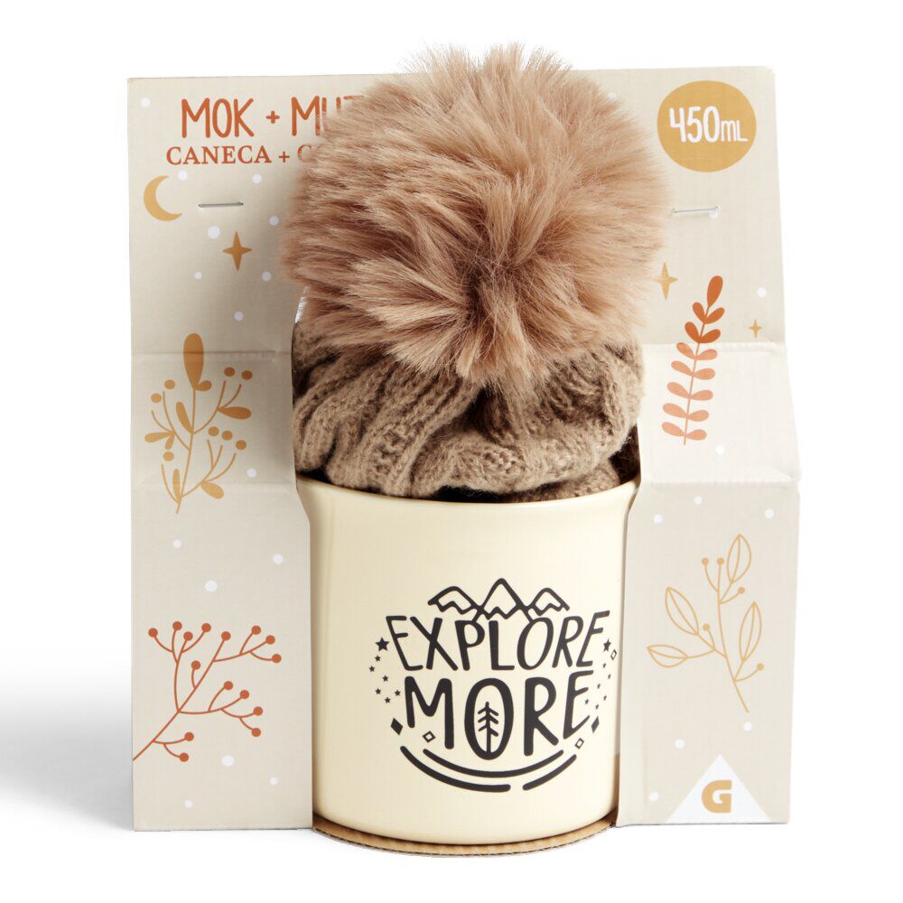 Ensemble mug 450ml faïence avec bonnet à pompon marron