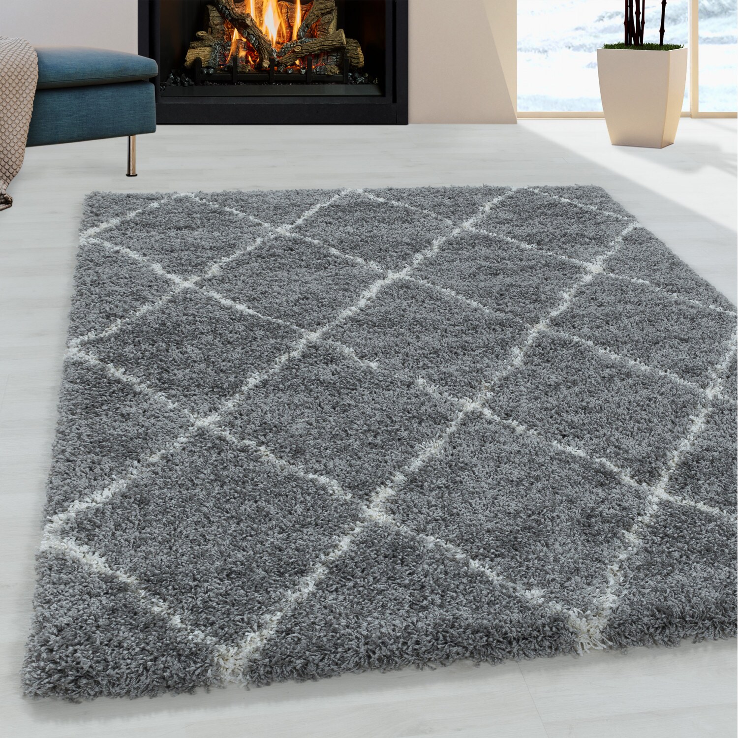 Moderner Hochflor Teppich, Skandinavischer Stil mit Rautenmuster, Shaggy Teppich