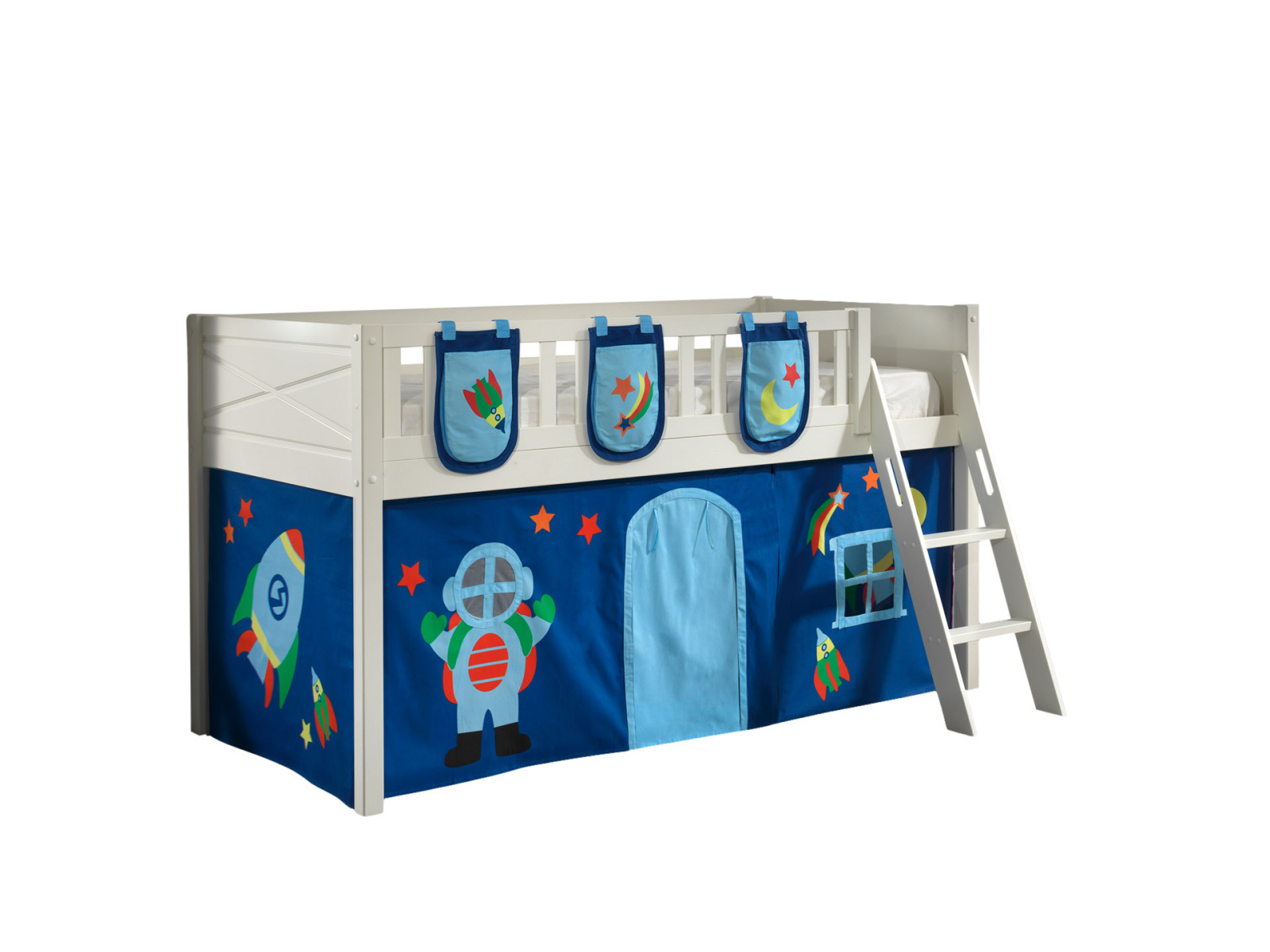 Spielbett SCOTT - weiß - Astro - mit Vorhang, Leiter und Taschen - 90x200 cm