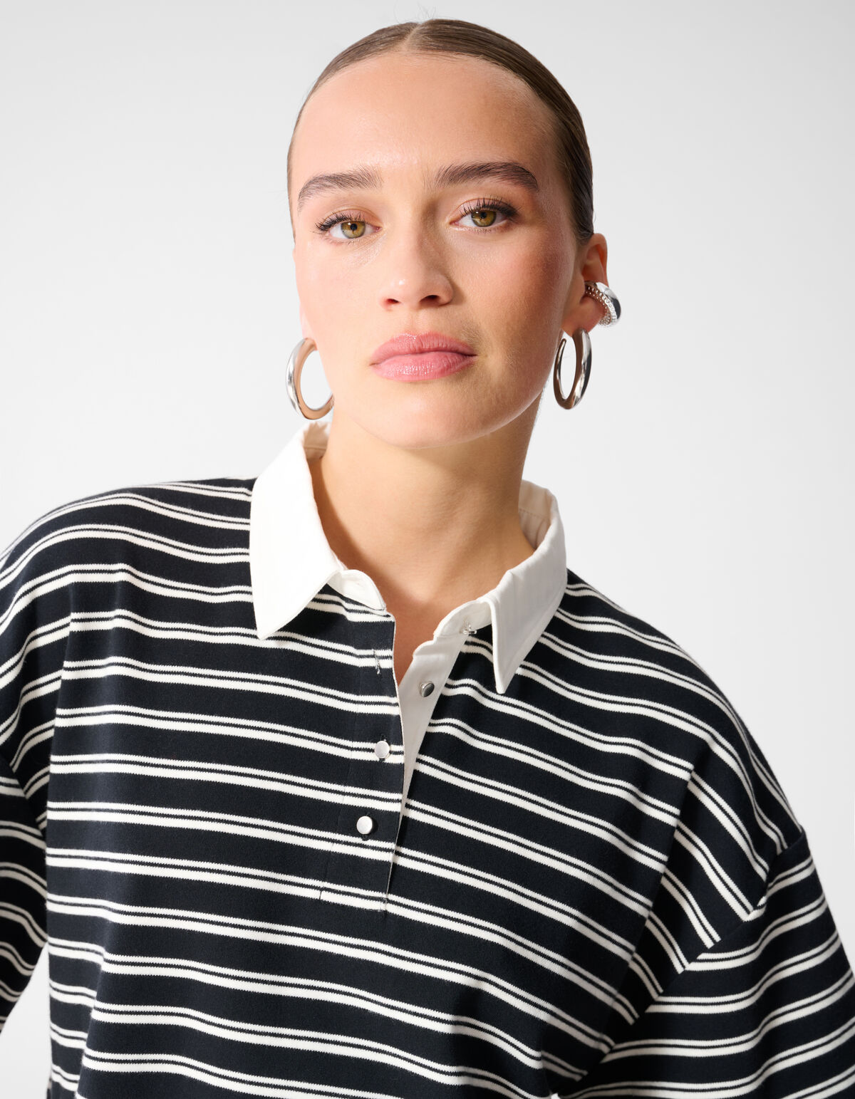 Oversized Stripe Short Sleeve Polo Zwart