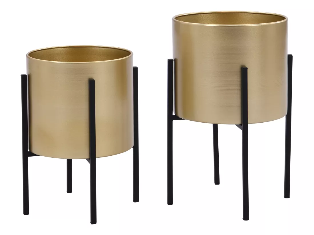 Lot de 2 cache-pots sur pied en métal - D. 25 x H. 39 et D. 23 x H. 35.5 - Doré et noir - EDMEE