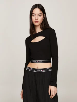 Top cropped super curto com recorte de fita com logo