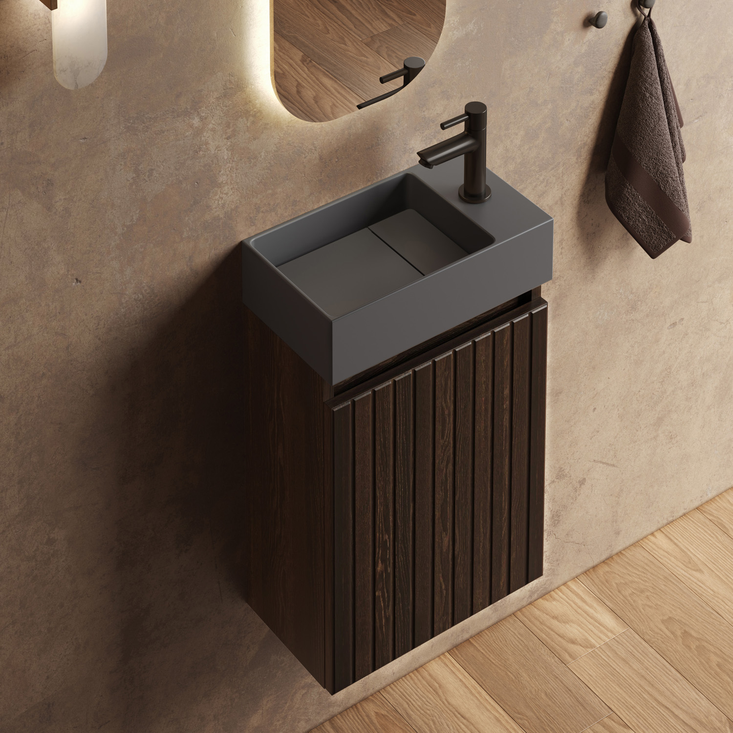 Fontana Itsie toiletmeubel kasteel bruin ribbelfront 40cm met fontein in mat antraciet