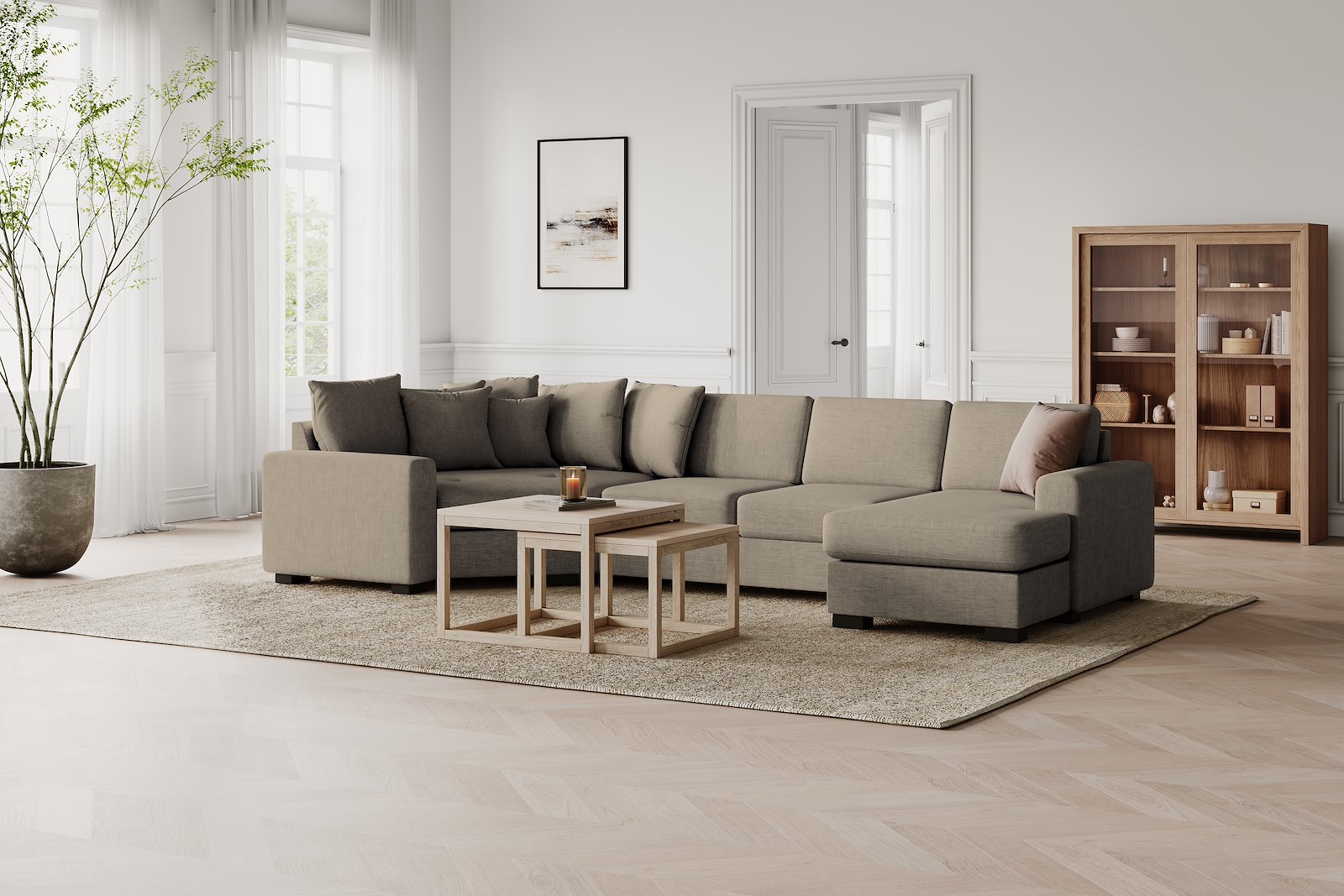 Modern Living U-sofa Cosy Corner venstre og 2-seter med sjeselong høyre.Tekstil Brooklyn 9 Cappuccino med Arm A og ben 2 sortbeiset eik.