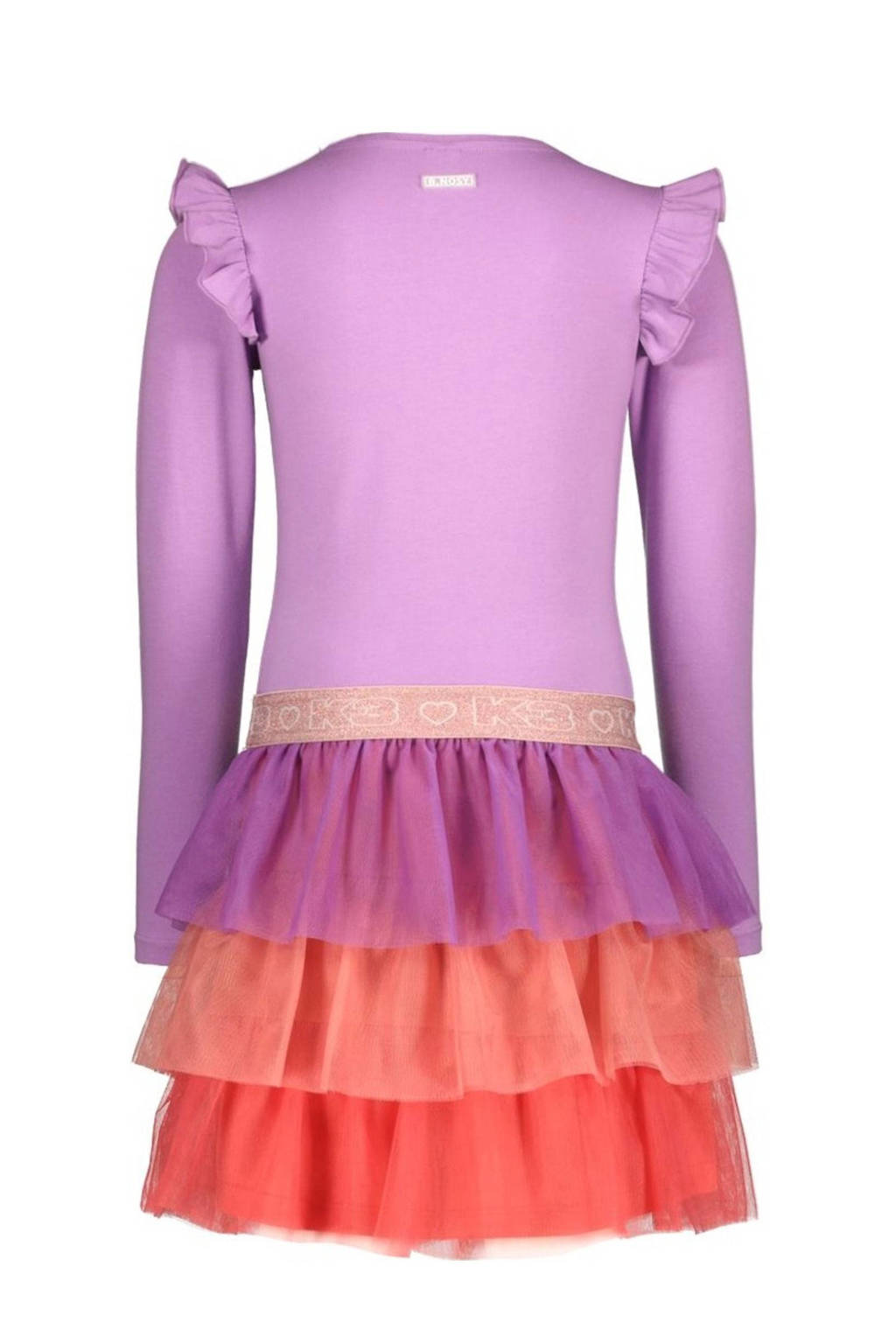 B.Nosy K3 jurk met printopdruk en mesh zachtpaars/oranje/koraal