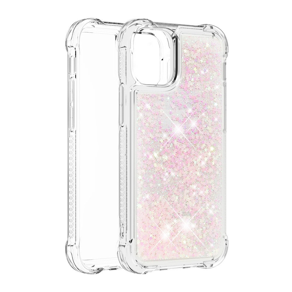 iPhone 13 Pro Hardcase Hülle mit Air Cushion Fallschutz Liquid Case Glitzer Sterne - Rosa / Transparent