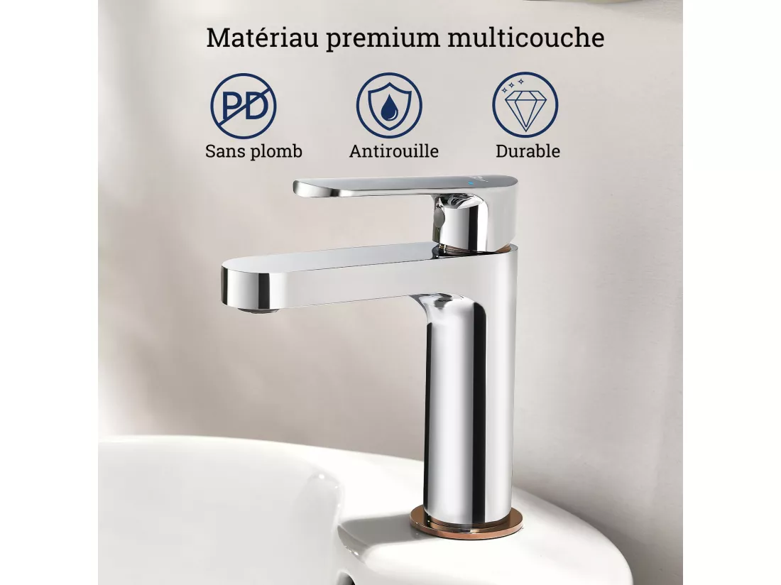 Robinet Salle de Bain Moderne, AuraLum Max Mitigeur pour Lavabo avec Finition or Rose, Laiton Robinet Lavabo avec Bulleur Rechange, Chromé,EU Modèle