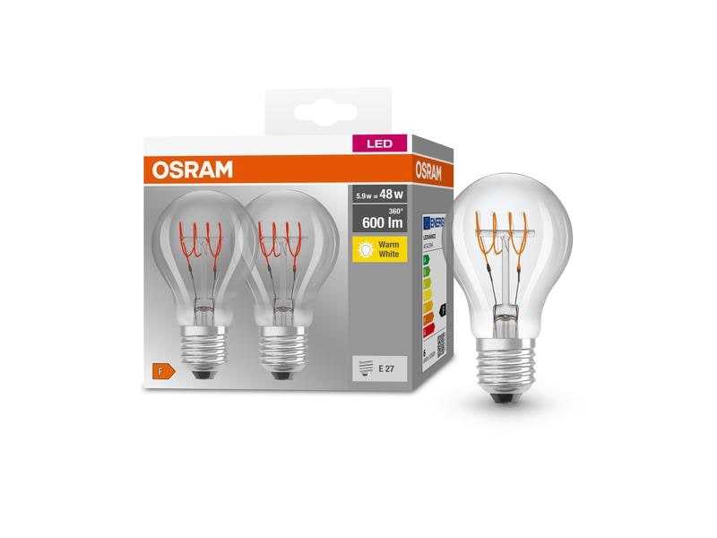 OSRAM Lampe Base Clas A Retro 48, 5.9W, E27, Warmweiss, 2 S LED-Lampen, klassische Kolbenform