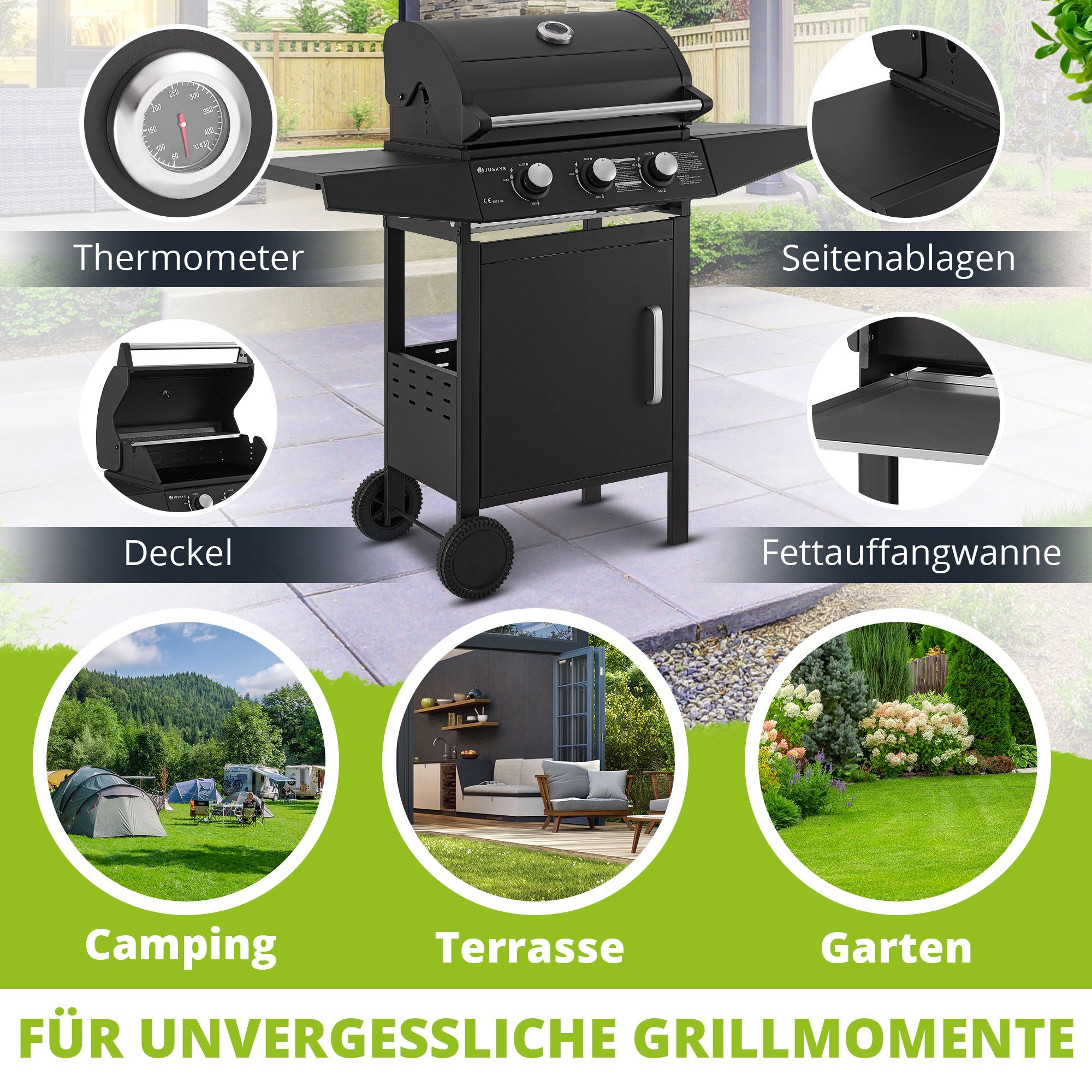 Juskys BBQ Gas-Grill Louisiana, 3 Brenner Grillrost, Deckel mit Thermometer