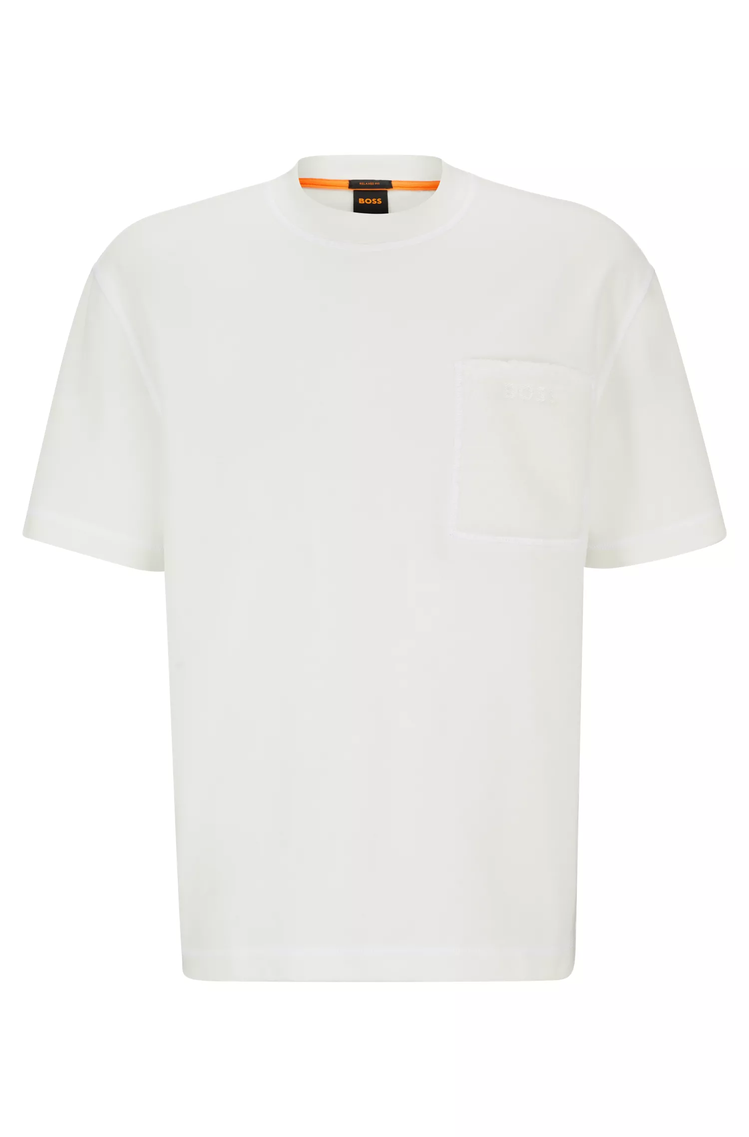 Camiseta BOSS laranja, modelagem oversized, em algodão interlock, com bolso tipo teddy.