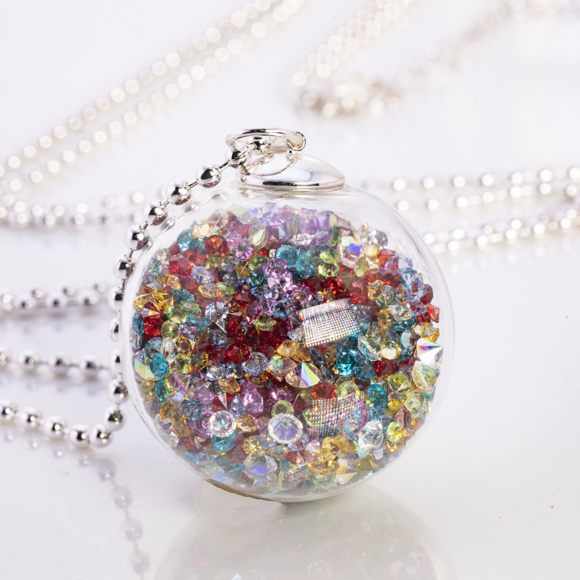 Steuer Modeschmuck Kette Silber Kugel Anhänger Strass bunt